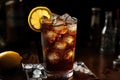 Closeup Photo Captures Refreshing Cola Soda Drink In Glass, Complete With Lemon Slice And Ice Cubes Royalty Free Stock Photo