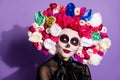 Closeup photo of charming beautiful folklore witch creature character death day facial makeup mexican event look side Royalty Free Stock Photo