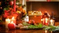 Closeup photo of Christmas decorationg on wooden table in living room against burning fireplace