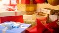 Closeup image of colorful ribbons on boxes with gifts and presents. Perfect abstract background for holidays or Royalty Free Stock Photo