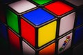 A closeup photo of the corner of a Rubik& x27;s Cube puzzle