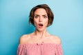 Closeup photo of crazy shocked lady open mouth listen unbelievable bad terrible news wear striped white red blouse open Royalty Free Stock Photo