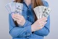 Closeup photo cropped of satisfied happy positive beautiful she her lady student in casual clothes holding many lot pile stack of