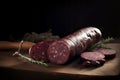 Closeup photo of cut polish sausage on wooden board. Generate ai