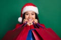 Closeup photo of cute dreamy toothy beaming smile korean girl wear red santa hat hold stack boutique purchases isolated Royalty Free Stock Photo