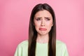 Closeup photo of depressed lady straight long hairdo look moody disappointed empty space crying desperate wear casual