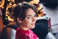 Closeup photo of dreaming nice young woman posing face portrait santa claus helper magic miracle isolated on blurred