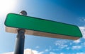 Closeup image of empty blank directional sign on street against clear blue sky and sun. Copy space. Place for your text Royalty Free Stock Photo