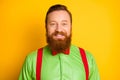 Closeup photo of excited happy red head guy toothy beaming smiling elegant look wear bright green shirt red suspenders Royalty Free Stock Photo