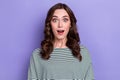 Closeup photo of excited positive shocked woman curly hair open mouth speechless reaction big season sale isolated on Royalty Free Stock Photo