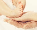 Closeup photo feet baby in hands mother and father