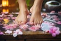 Closeup photo of female feet with pedicure at spa salon, Close-up photo of female feet at a spa salon during a pedicure procedure Royalty Free Stock Photo