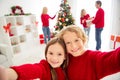 Closeup photo of full big family five people meeting two little kids cuddle toothy smile make shoot selfie parents