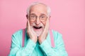 Closeup photo of funky crazy grandpa hands on cheeks look discount low shopping prices wear specs mint shirt suspenders