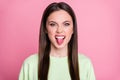 Closeup photo of funny attractive lady long hairdo girlish stick tongue mouth playful mood teasing boyfriend rude person