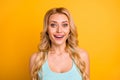 Closeup photo of funny attractive pretty lady long curly hairdo beaming smile good mood open mouth excited wear casual Royalty Free Stock Photo