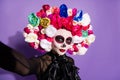 Closeup photo of funny folklore witch creature character death day facial creepy makeup masquerade mexican holiday make Royalty Free Stock Photo