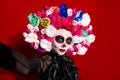 Closeup photo of funny folklore witch creature character death day facial creepy makeup masquerade mexican holiday make Royalty Free Stock Photo