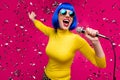 Closeup photo of funny nice lady singer party night club microphone karaoke confetti falling wear specs yellow Royalty Free Stock Photo