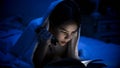 Closeup photo of girl with flashlight reading book Royalty Free Stock Photo