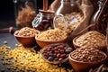 Closeup photo of healthy food ingredients. Cereals and nuts, balanced diet nutrient-rich. Generative AI