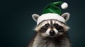 Closeup photo of lovely raccoon wearing green hat of Santa Claus helper, isolated on green studio background