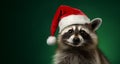 Closeup photo of lovely raccoon wearing red Santa Claus hat, isolated on green studio background