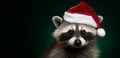 Closeup photo of lovely raccoon wearing red Santa Claus hat, isolated on green studio background