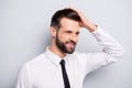 Closeup photo of macho business man touch groomed neat hairdo salon beaming smiling look empty space wear white office Royalty Free Stock Photo