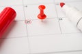 Closeup photo of mark on calendar at twenty-fifth with red pushpin and red felt pen with blank space