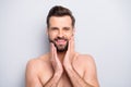 Closeup photo of metrosexual macho man guy hands touch perfect stubble hair look mirror masculine body groomed Royalty Free Stock Photo