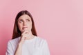 Closeup photo of nervous minded pensive woman look empty space bite lip