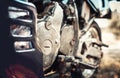 Closeup photo of offroad motor bike outdoor Royalty Free Stock Photo