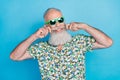 Closeup photo of old age pensioner funny grandfather wear sunglass touch mustache toothy smile barbershop isolated on