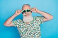 Closeup photo of old senior bearded grandfather toothy smile wear sunglass beach businessman summer chill relax isolated Royalty Free Stock Photo