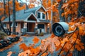 A closeup photo of an outdoor security camera mounted on the side wall of a wooden house, with autumn leaves in the