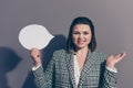 Closeup photo picture of funny grimacing grinning teeth office lady with stylish modern hairstyle having no idea what to