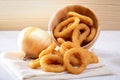 Closeup photo of a pile of onion rings Royalty Free Stock Photo