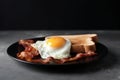 Closeup photo of a plate of bacon, eggs, and toast breakfast AI generated