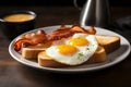 Closeup photo of a plate of bacon, eggs, and toast breakfast AI generated