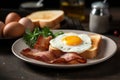 Closeup photo of a plate of bacon, eggs, and toast breakfast AI generated