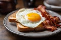 Closeup photo of a plate of bacon, eggs, and toast breakfast AI generated