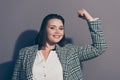 Closeup photo portrait of cheerful confident positive with toothy beaming smile she her lady office promoter