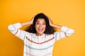 Closeup photo portrait of ecstatic rejoicing overjoyed successful teenager hipster person expressing her gladness Royalty Free Stock Photo