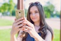 Closeup photo portrait of one pretty nice attractive charming lovely sweet dreamy with long hairstyle lady making taking selfie on Royalty Free Stock Photo