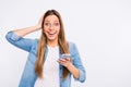 Closeup photo portrait of pretty cool crazy lovely with toothy beaming smile lady holding new telephone in hand isolated