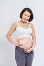 Closeup photo of pregnant with question mark drawn on post-it sticker on belly