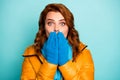 Closeup photo of pretty beautiful lady closing mouth hands eyes full of fear wear casual yellow overcoat blue scarf warm Royalty Free Stock Photo