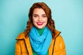 Closeup photo of pretty beautiful lady toothy beaming smiling enjoy warm spring day wear casual yellow overcoat blue Royalty Free Stock Photo