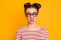 Closeup photo of pretty crazy lady student grimacing grinning showing teeth wear round circle geek specs striped red